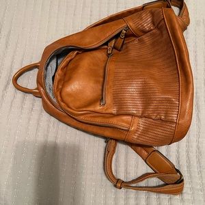 backpack small, leather tan/brown, excellent condition. Size about 12x 11.5x5.5
